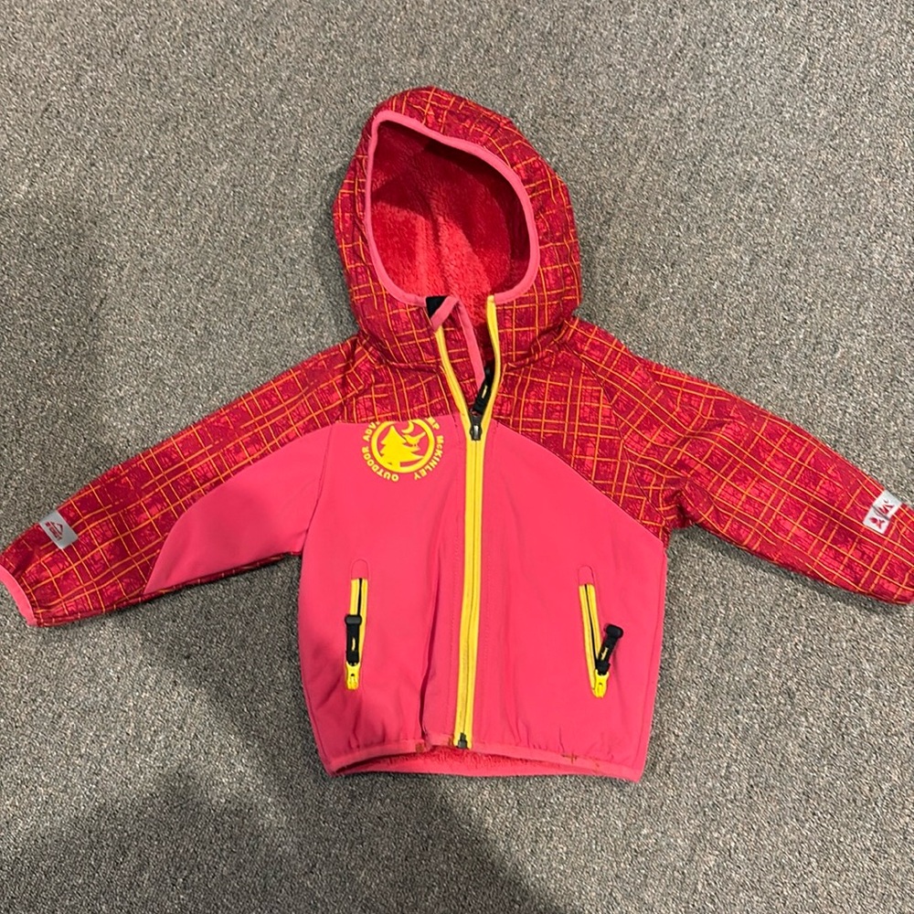 2T kids unisex red fall or spring jacket with reflective strips